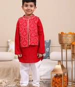 Budding bees boys cotton foil printed jacket with kurta & pajama 3 pc festive set-red