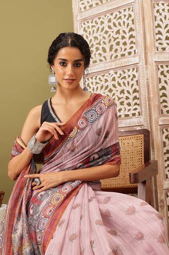 Rust Madhubani Printed Cotton Blend Saree