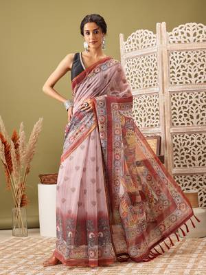 Rust Madhubani Printed Cotton Blend Saree 2