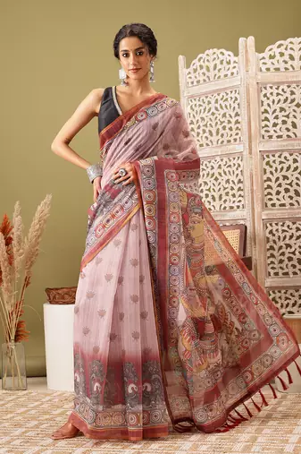 Rust Madhubani Printed Cotton Blend Saree
