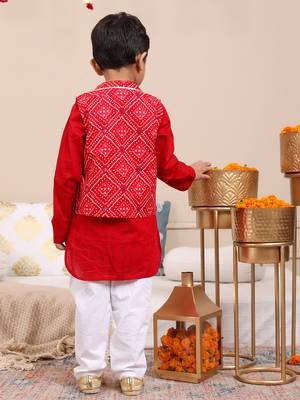 Budding bees boys cotton foil printed jacket with kurta & pajama 3 pc festive set-red 3