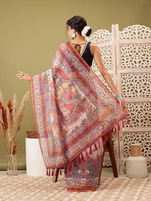 Rust Madhubani Printed Cotton Blend Saree 3