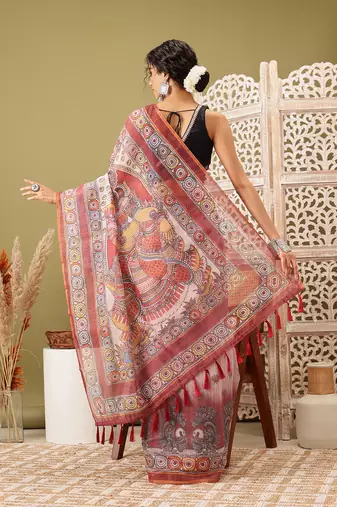 Rust Madhubani Printed Cotton Blend Saree