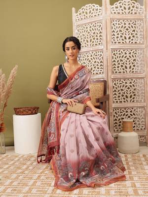 Rust Madhubani Printed Cotton Blend Saree 4
