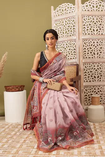 Rust Madhubani Printed Cotton Blend Saree