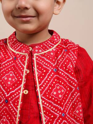 Budding bees boys cotton foil printed jacket with kurta & pajama 3 pc festive set-red 4