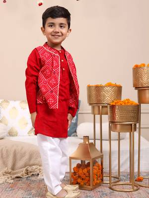 Budding bees boys cotton foil printed jacket with kurta & pajama 3 pc festive set-red 5