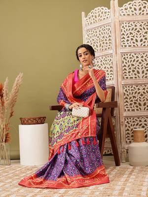 Royal Blue Ikkat  Digital Print Soft Silk Blend Saree 1