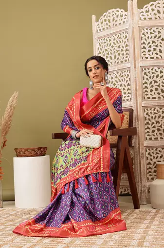 Royal Blue Ikkat  Digital Print Soft Silk Blend Saree