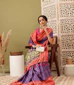Royal Blue Ikkat  Digital Print Soft Silk Blend Saree