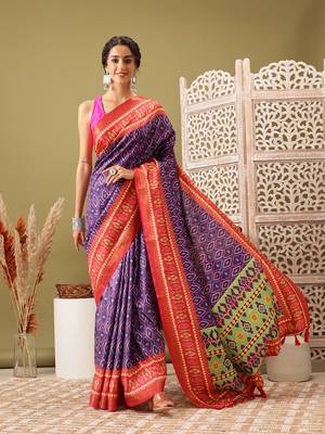 Royal Blue Ikkat  Digital Print Soft Silk Blend Saree 2