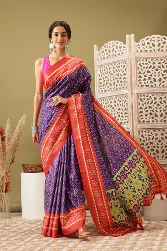 Royal Blue Ikkat  Digital Print Soft Silk Blend Saree