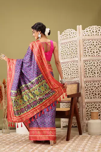 Royal Blue Ikkat  Digital Print Soft Silk Blend Saree