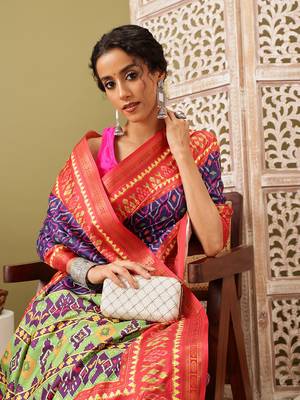 Royal Blue Ikkat  Digital Print Soft Silk Blend Saree 4
