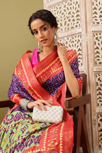 Royal Blue Ikkat  Digital Print Soft Silk Blend Saree
