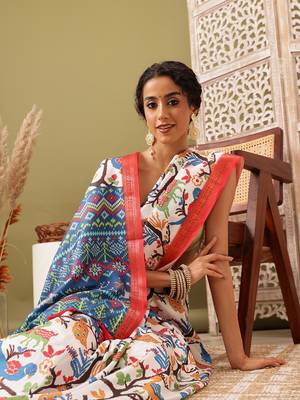 White Ikkat  Digital Print Soft Silk Blend Saree 1