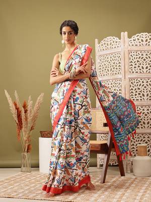 White Ikkat  Digital Print Soft Silk Blend Saree 2