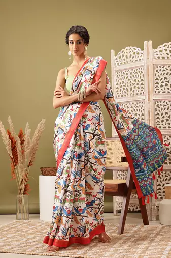 White Ikkat  Digital Print Soft Silk Blend Saree