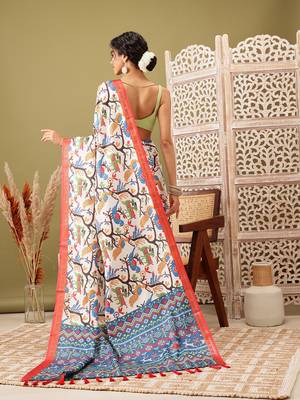 White Ikkat  Digital Print Soft Silk Blend Saree 3