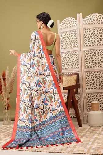 White Ikkat  Digital Print Soft Silk Blend Saree