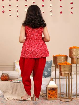 Budding bees girls cotton foil printed sleeveless top  & dhoti 2 pc festive set with matching scrunchies-red 3