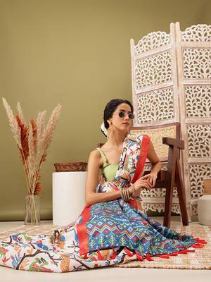 White Ikkat  Digital Print Soft Silk Blend Saree 4