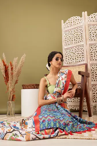 White Ikkat  Digital Print Soft Silk Blend Saree