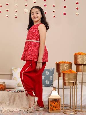 Budding bees girls cotton foil printed sleeveless top  & dhoti 2 pc festive set with matching scrunchies-red 4