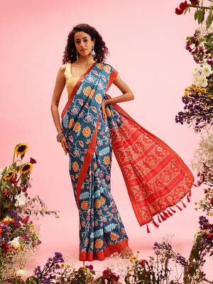 Teal Ikkat  Digital Print Soft Silk Blend Saree 2