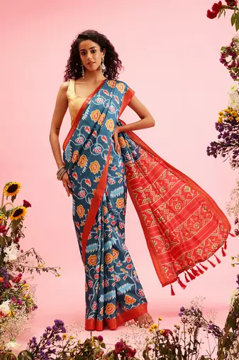 Teal Ikkat  Digital Print Soft Silk Blend Saree