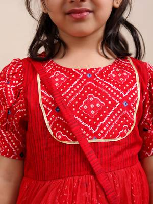 Budding bees girls cotton foil printed sleeveless top  & dhoti 2 pc festive set with matching scrunchies-red 5