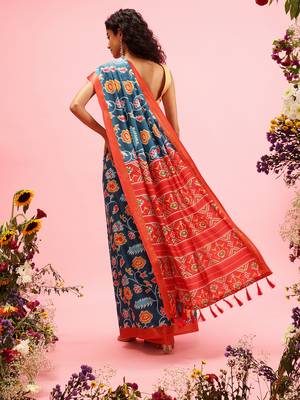 Teal Ikkat  Digital Print Soft Silk Blend Saree 3