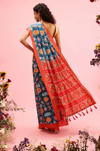 Teal Ikkat  Digital Print Soft Silk Blend Saree
