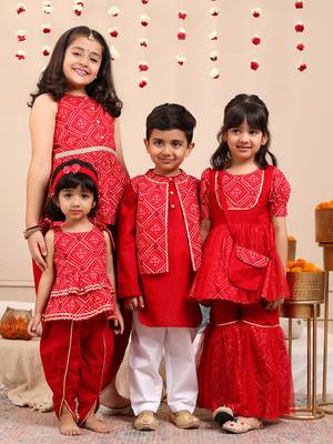 Budding bees girls cotton foil printed sleeveless top  & dhoti 2 pc festive set with matching scrunchies-red 6