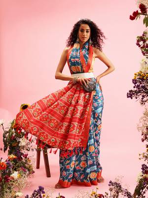 Teal Ikkat  Digital Print Soft Silk Blend Saree 4