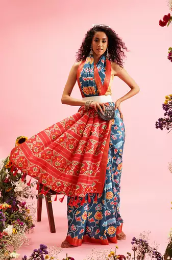 Teal Ikkat  Digital Print Soft Silk Blend Saree