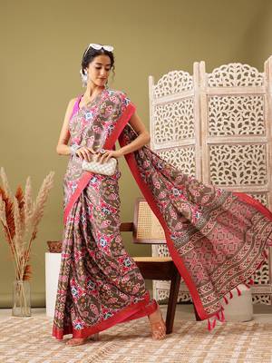 Olive Ikkat  Digital Print Soft Silk Blend Saree 1