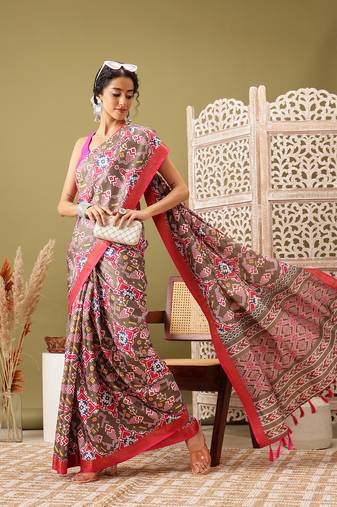 Olive Ikkat  Digital Print Soft Silk Blend Saree