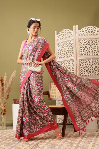 Olive Ikkat  Digital Print Soft Silk Blend Saree