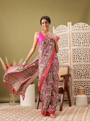 Olive Ikkat  Digital Print Soft Silk Blend Saree 2