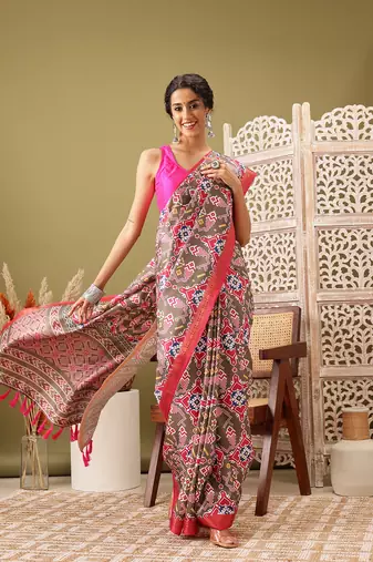 Olive Ikkat  Digital Print Soft Silk Blend Saree