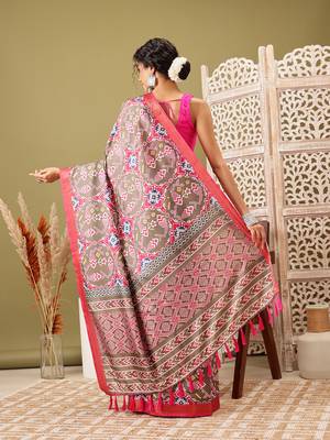 Olive Ikkat  Digital Print Soft Silk Blend Saree 3