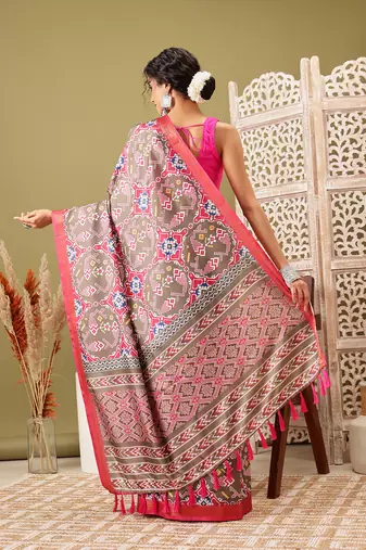 Olive Ikkat  Digital Print Soft Silk Blend Saree