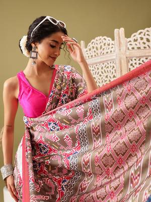 Olive Ikkat  Digital Print Soft Silk Blend Saree 4