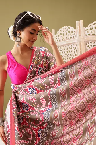 Olive Ikkat  Digital Print Soft Silk Blend Saree