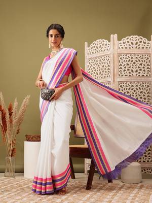 White Solid Solid Soft Silk Blend Saree 1