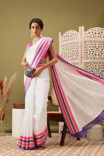 White Solid Solid Soft Silk Blend Saree