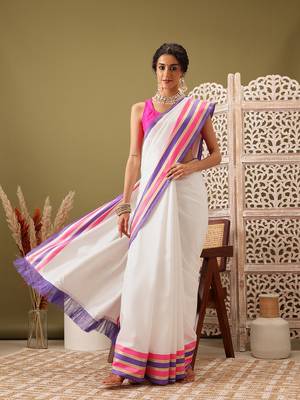 White Solid Solid Soft Silk Blend Saree 2