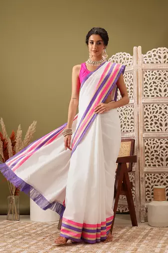 White Solid Solid Soft Silk Blend Saree