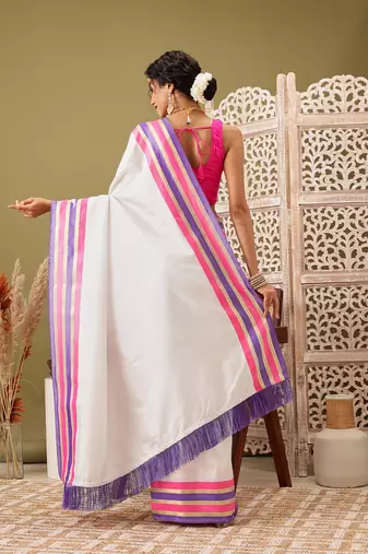 White Solid Solid Soft Silk Blend Saree